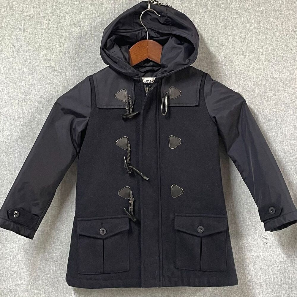Armani Junior Boys 4A Black Wool Blend Hooded Duffle Toggle Coat READ